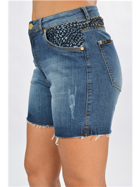 Bermuda Feminina Jeans - Cintura Alta -  Bordada Manualmente