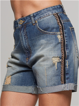 Bermuda Feminina Jeans - Cintura Mdia Bordado Lateral