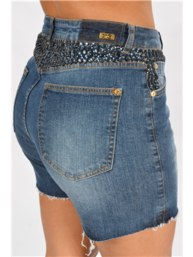 Bermuda Feminina Jeans - Cintura Alta -  Bordada Manualmente