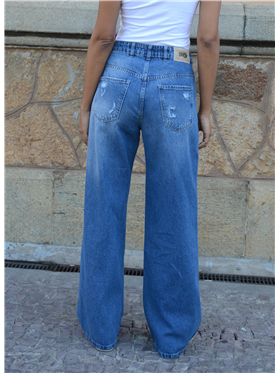 Calça Feminina Jeans- Cintura Média- Perna Ampla